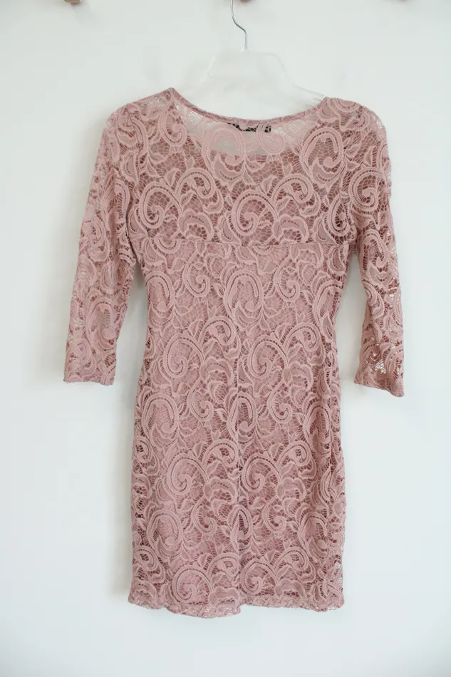 Crystal Doll Pink Lace Overlay Long Sleeved Dress S Crystal Doll Earrings