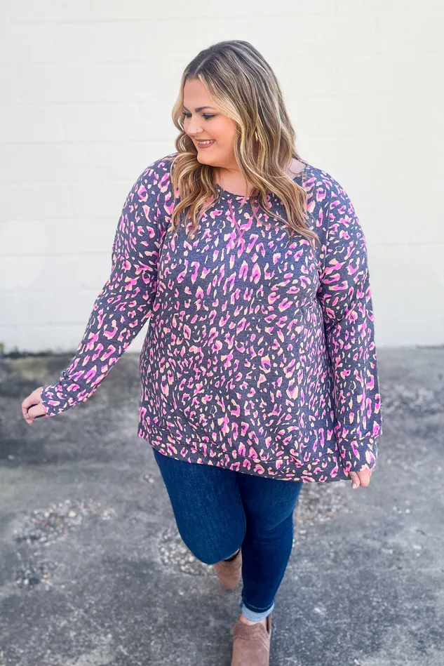 Dear Scarlett Earrings Wild Thing Leopard Pullover Top CharcoalPink