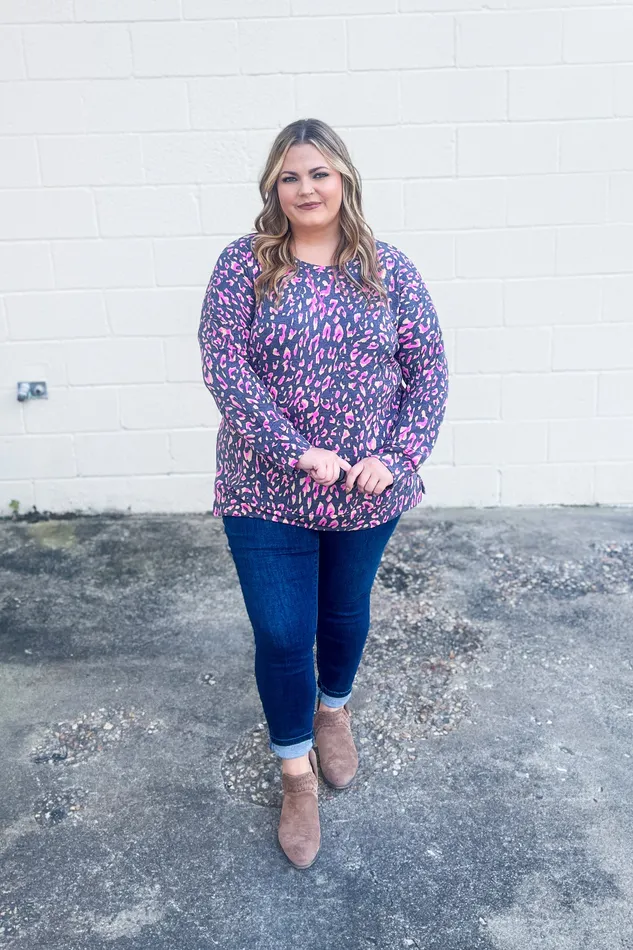 Dear Scarlett Earrings Wild Thing Leopard Pullover Top CharcoalPink