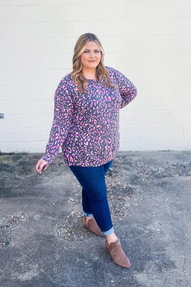 Dear Scarlett Earrings Wild Thing Leopard Pullover Top CharcoalPink