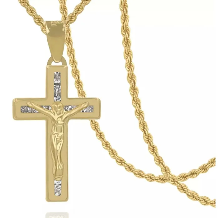 Dije Cruz Oro 10K y Cadena Torzal 22mm Italy Gold Shield Necklaces