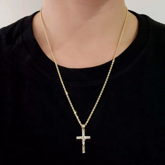 Dije Cruz Oro 10K y Cadena Torzal 22mm Italy Gold Shield Necklaces