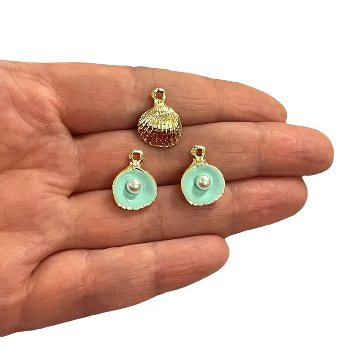 Earrings 24Kt Gold Plated Mint Enamelled Oyster Charms With Pearl 3 pcs in a pack Peppy Beads