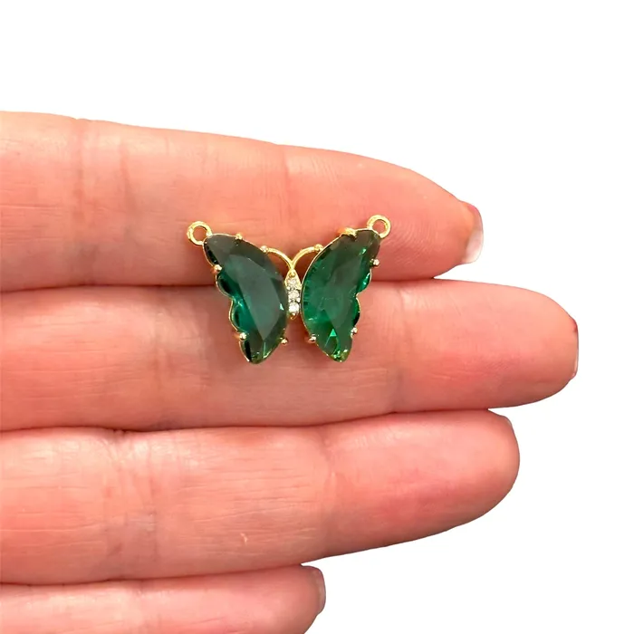 Earrings Emerald CZ Butterfly Link Charm in 24K Gold Plating Peppy Beads