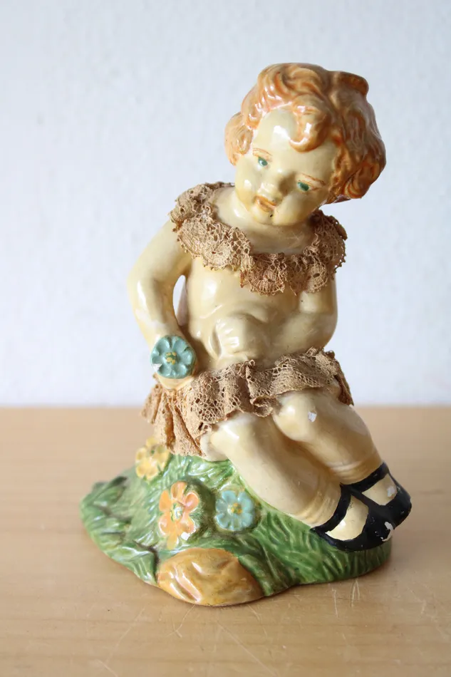 Earrings Jubilee Thrift 1951 Painted Porcelain Child Antique Figurine