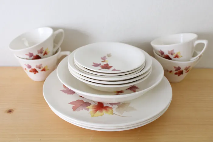Earrings Jubilee Thrift USA Pottery Colored Maple Leaves OffCenter Vintage 1940s Dinnerware Plate Set