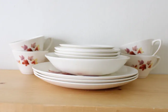 Earrings Jubilee Thrift USA Pottery Colored Maple Leaves OffCenter Vintage 1940s Dinnerware Plate Set