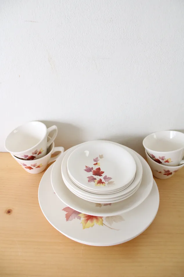 Earrings Jubilee Thrift USA Pottery Colored Maple Leaves OffCenter Vintage 1940s Dinnerware Plate Set