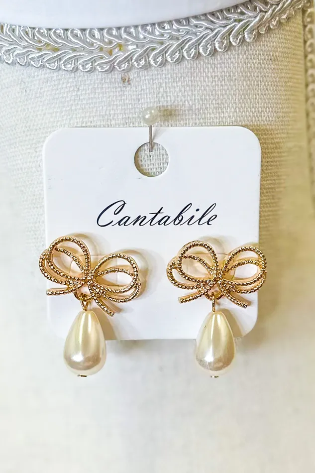Earrings Metal Bow Post Drop Earrings With Pearl Dangles Gold Judson