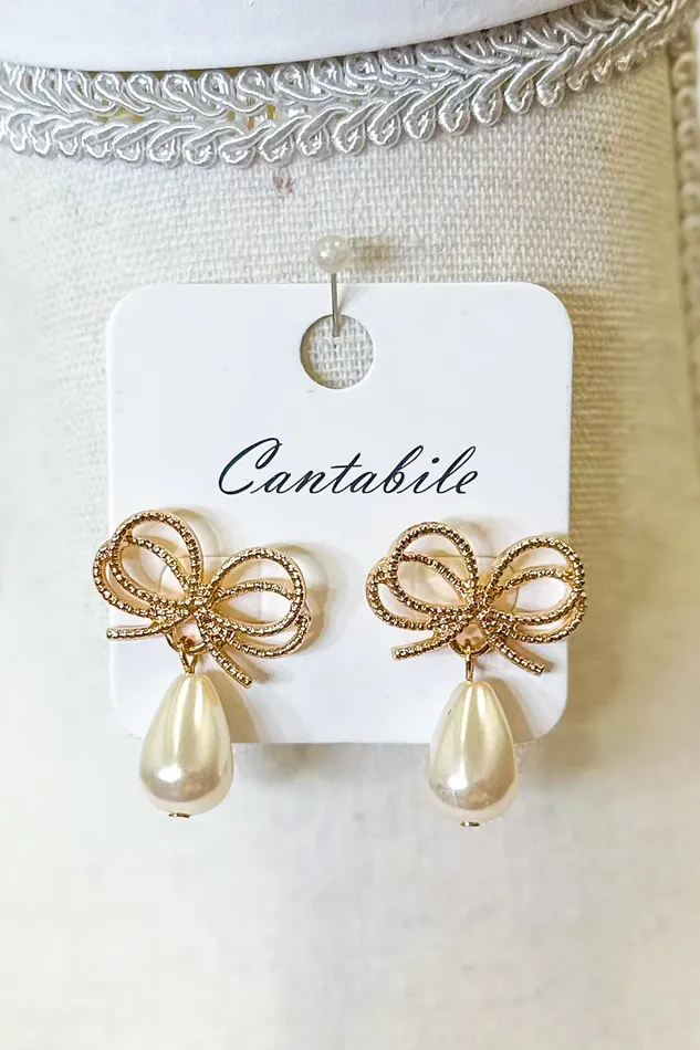 Earrings Metal Bow Post Drop Earrings With Pearl Dangles Gold Judson