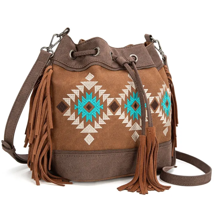 Earrings MONTANA WEST Montana West Embroidered Collection Drawstring Shoulder BagCrossbody Brown