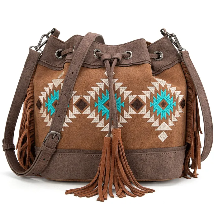 Earrings MONTANA WEST Montana West Embroidered Collection Drawstring Shoulder BagCrossbody Brown