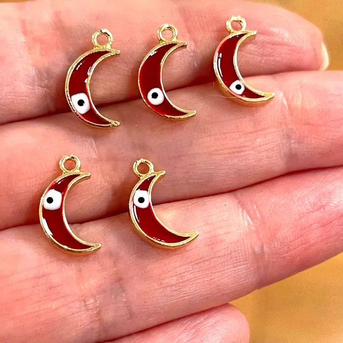 Earrings Peppy Beads 24Kt Gold Plated Brass Crescent Charms With Eye Gold Plated Crescent Red Enamelled Charms 5 pcs in a pack Earrings Peppy Beads 24Kt Gold Plated Brass Crescent Charms With Eye Gold Plated Crescent Red Enamelled Charms 5 pcs in a pack