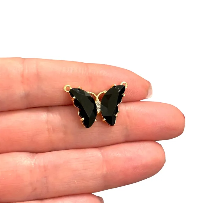 Earrings Peppy Beads Black CZ Butterfly Link Charm in 24K Gold Plating