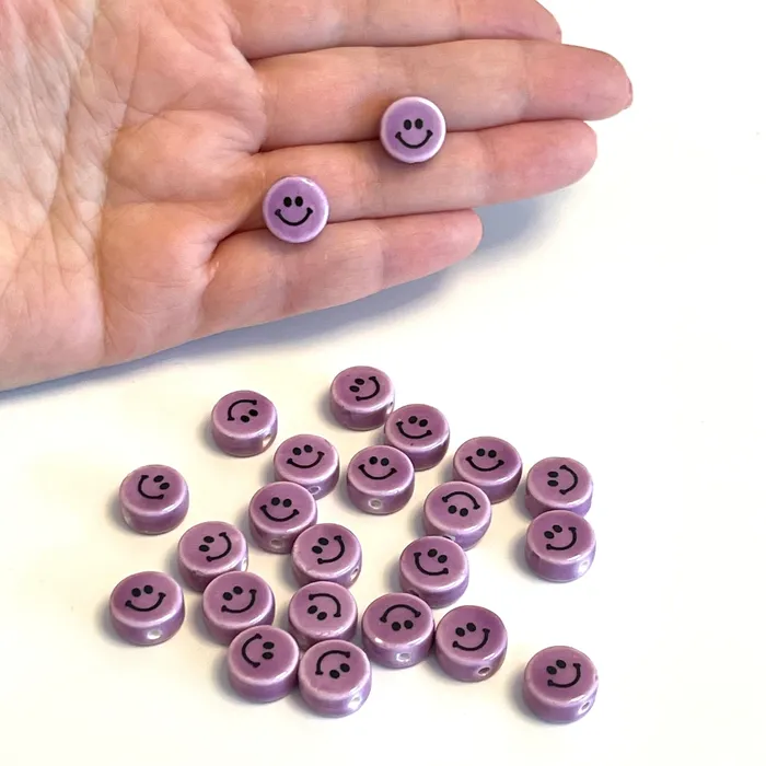 Earrings Peppy Beads Hand Made Ceramic Lilac Smiley Face Flat Round DoubleSided Charms 5 pcs in a pack