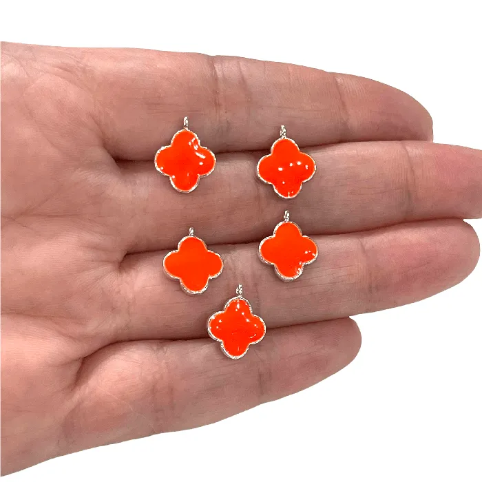 Earrings Peppy Beads Silver Plated Neon Orange Enamelled Clover Charms 5 pcs in a Pack