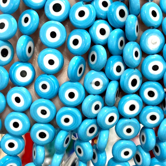 Evil Eye Beads Strand of 32 Flat Round 12mm Glass Beads Lampwork Glass Evil Eye Jewelry Lampwork Beads UK Beading Supply Peppy Beads Necklaces