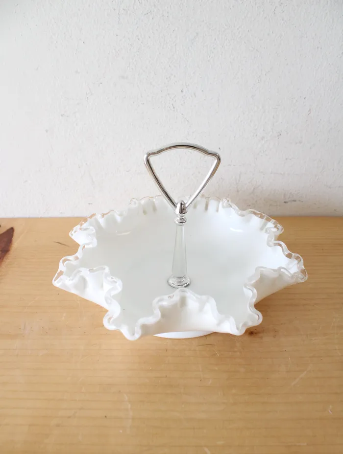 Fenton Hobnail Ruffled Edge Milk White Glass Handled Candy Dish Fenton Rings Fenton Hobnail Ruffled Edge Milk White Glass Handled Candy Dish Fenton Rings
