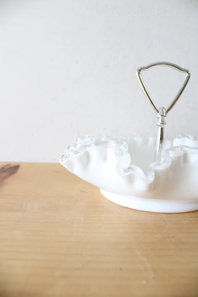 Fenton Hobnail Ruffled Edge Milk White Glass Handled Candy Dish Fenton Rings