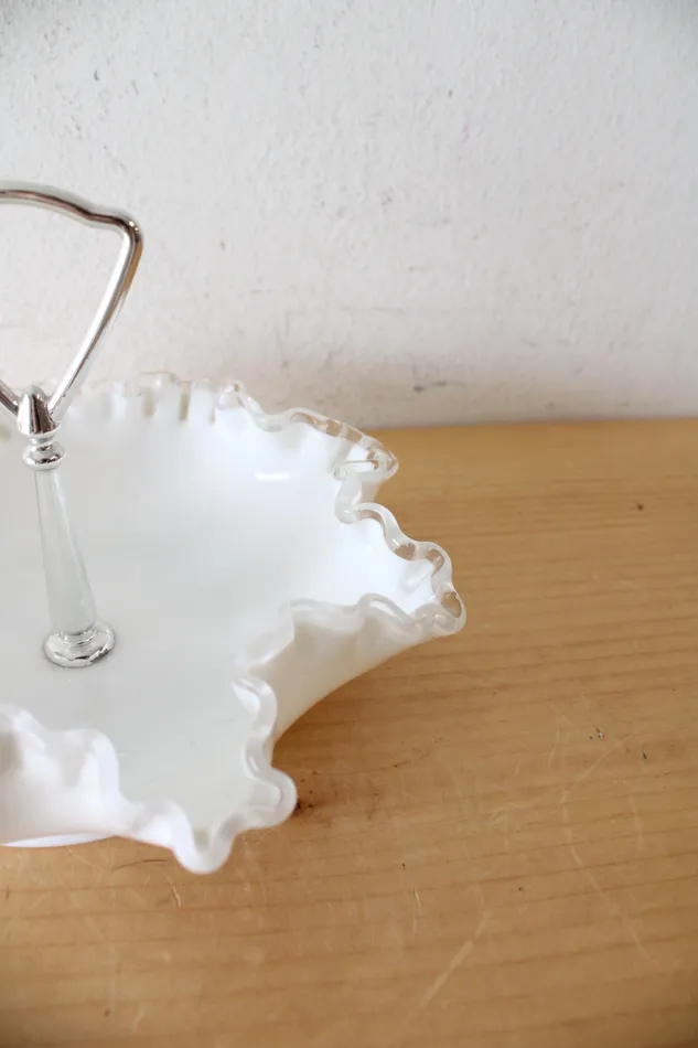 Fenton Hobnail Ruffled Edge Milk White Glass Handled Candy Dish Fenton Rings