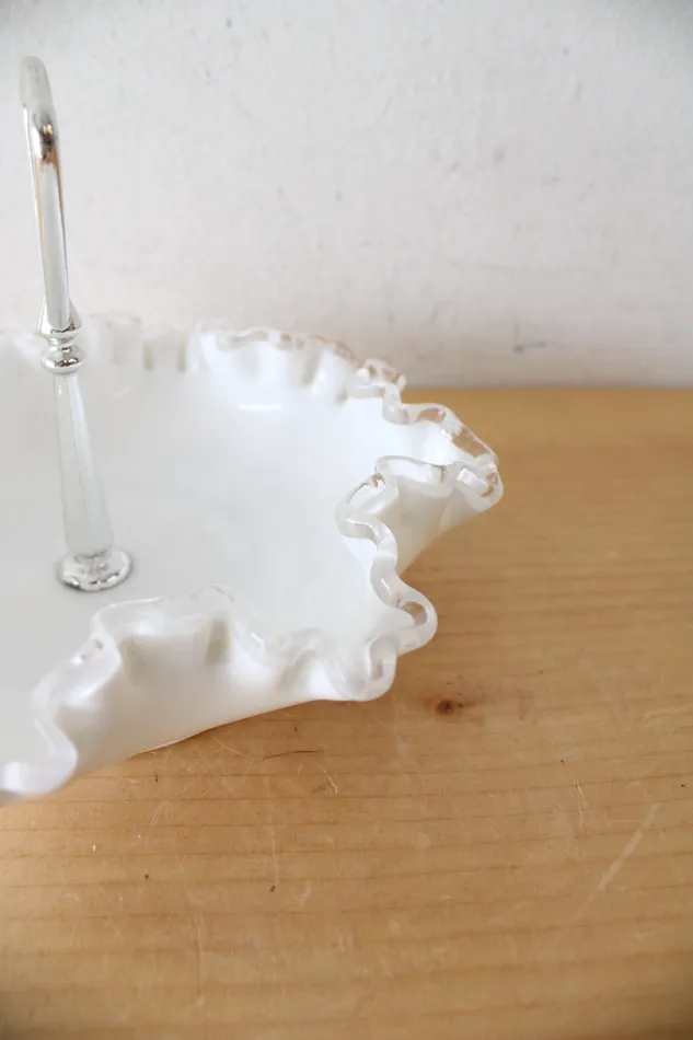 Fenton Hobnail Ruffled Edge Milk White Glass Handled Candy Dish Fenton Rings