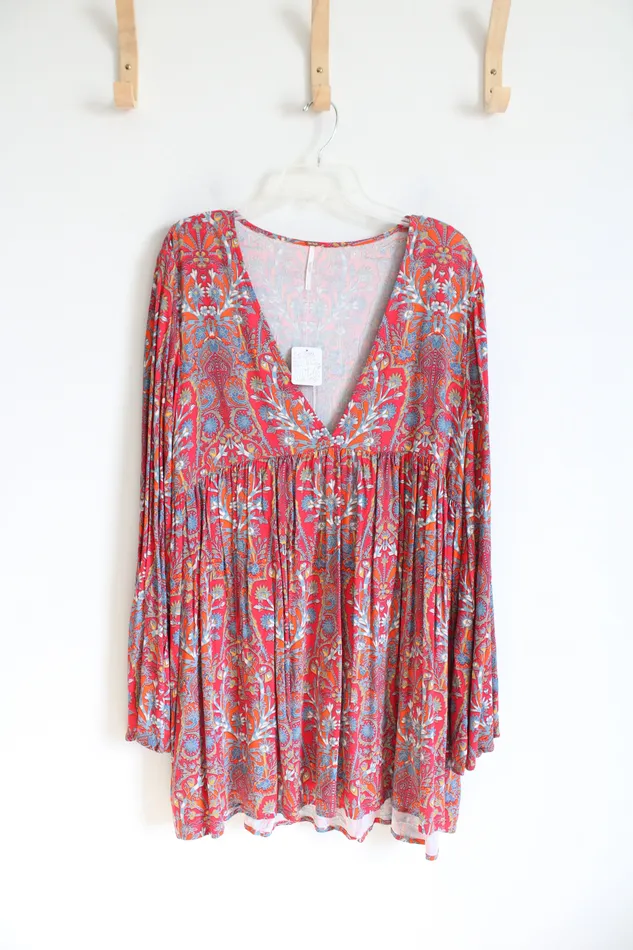 Free People Rings NEW Free People Orange Red Blue Floral Flowy Long Sleeved Boho Dress L Free People Rings NEW Free People Orange Red Blue Floral Flowy Long Sleeved Boho Dress L