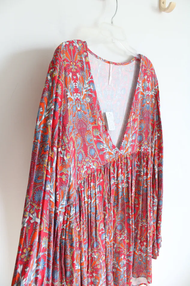 Free People Rings NEW Free People Orange Red Blue Floral Flowy Long Sleeved Boho Dress L