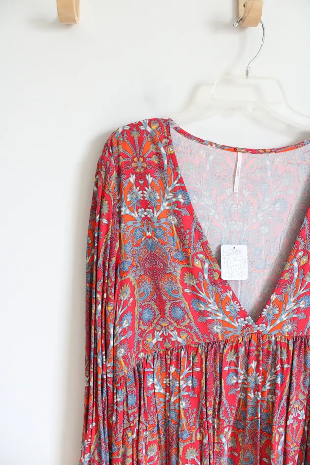 Free People Rings NEW Free People Orange Red Blue Floral Flowy Long Sleeved Boho Dress L