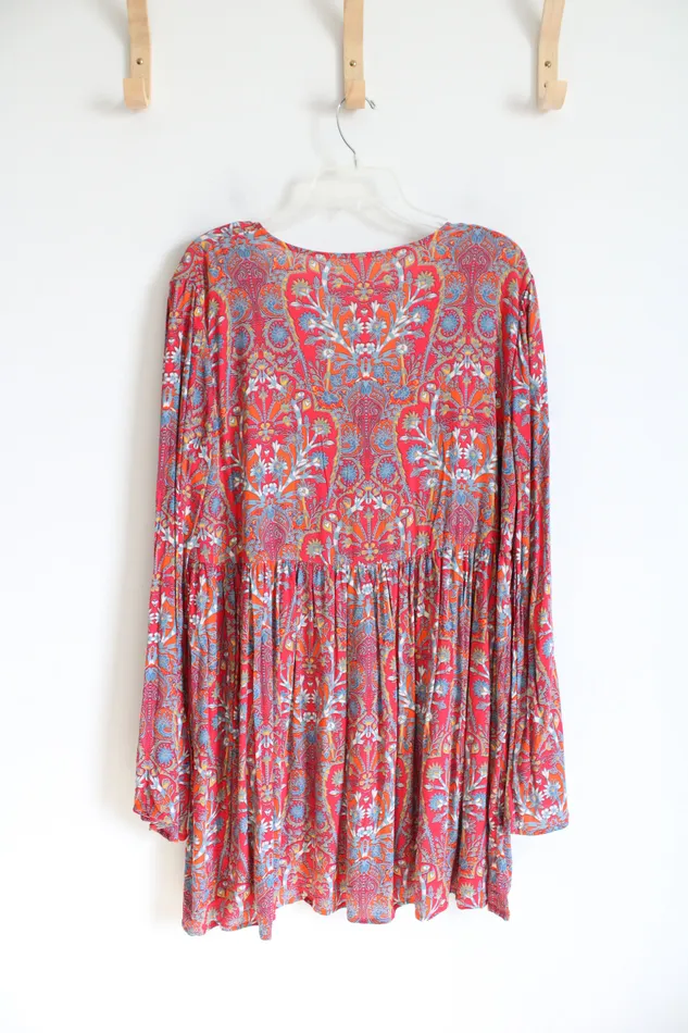 Free People Rings NEW Free People Orange Red Blue Floral Flowy Long Sleeved Boho Dress L