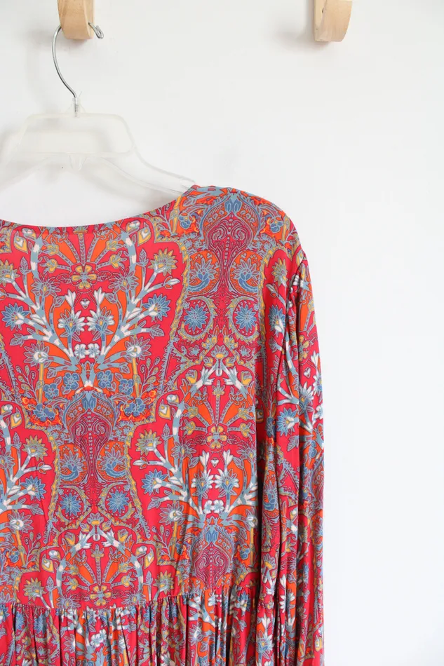 Free People Rings NEW Free People Orange Red Blue Floral Flowy Long Sleeved Boho Dress L