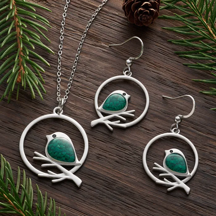Green Glass Birdie Branch Gift Set Chadds Ford Jewelry Earrings