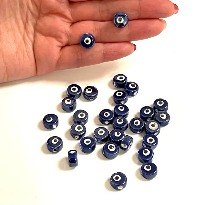 Hand Made Ceramic Navy Flat Round Evil Eye Double Sided Charms 5 pcs in a pack Peppy Beads Earrings