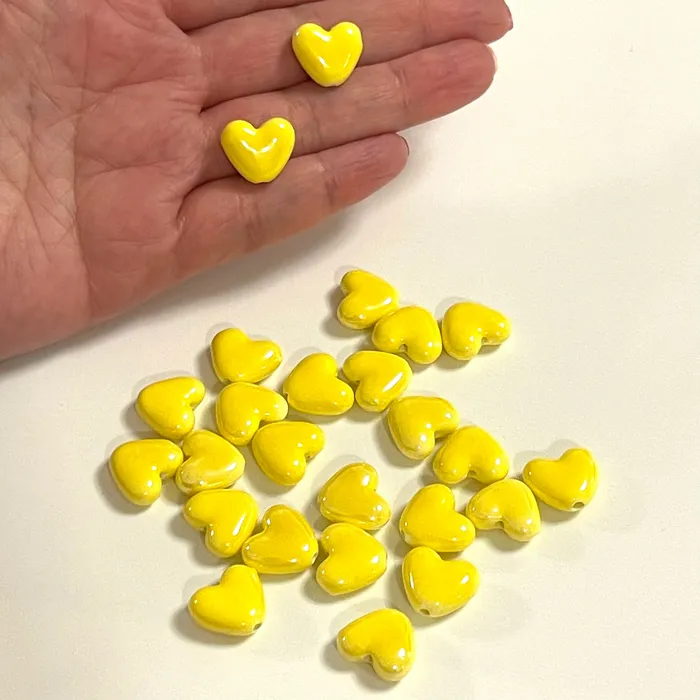 Hand Made Ceramic Yellow Heart Charms 5 pcs in a pack Peppy Beads Necklaces