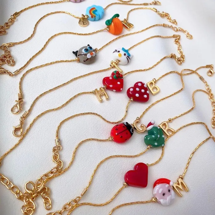 Hand Made Murano Glass Lt Blue Heart Charm Peppy Beads Charm Necklaces