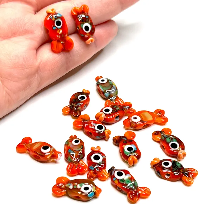 Hand Made Murano Glass Orange Fish Charms 2 pcs in a pack Peppy Beads Earrings