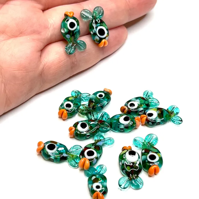 Hand Made Murano Glass Transparent Teal Green Fish Charms 2 pcs in a pack Peppy Beads Earrings