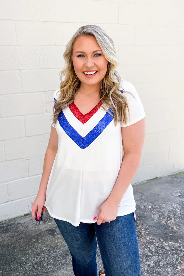 Haptics Rings Feeling Red White and Blue Sequin Top