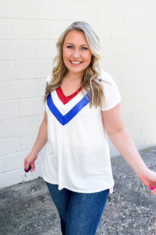 Haptics Rings Feeling Red White and Blue Sequin Top