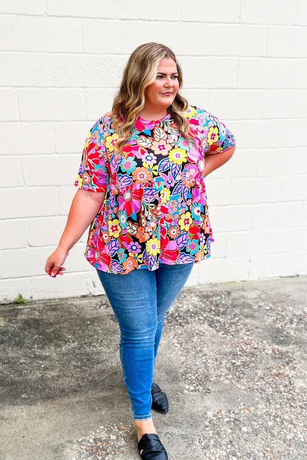Haptics Rings Stand Out Retro Floral Babydoll Top Black