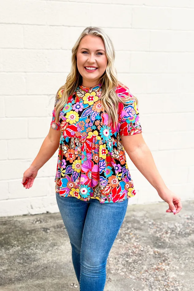 Haptics Rings Stand Out Retro Floral Babydoll Top Black