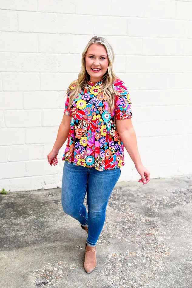 Haptics Rings Stand Out Retro Floral Babydoll Top Black
