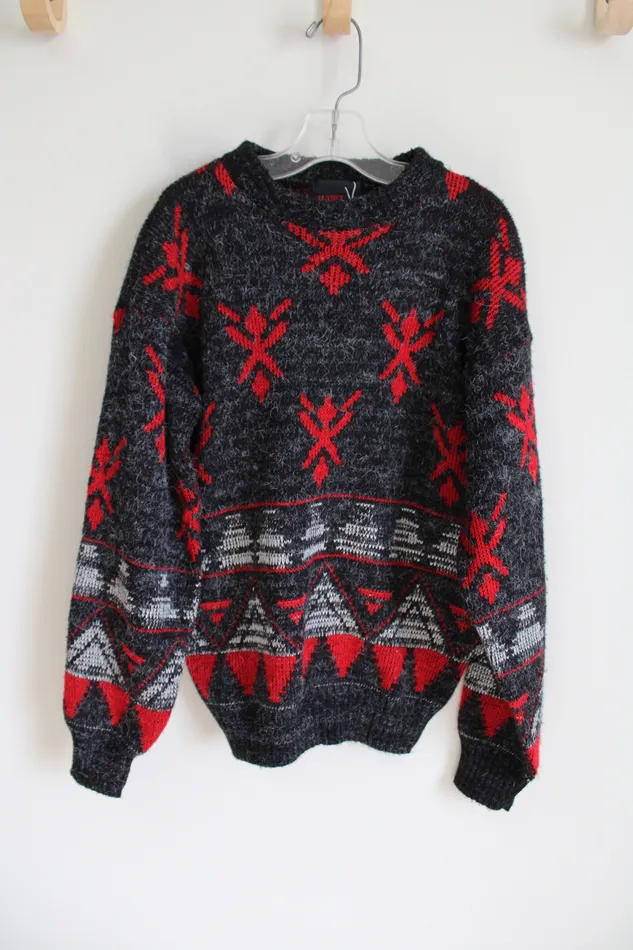 Hawk Creek Vintage Gray Red Patterned Sweater 1214 Hawk Creek Earrings