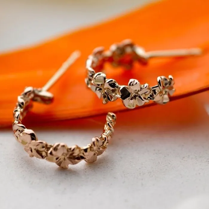 Island Fine Jewelry Earrings 14K Gold Plumeria Full Hoop Earrings