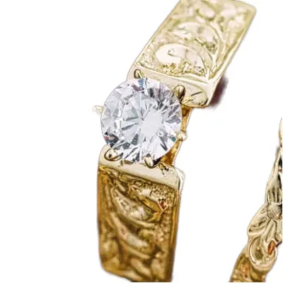 Island Fine Jewelry Rings 14K Gold Floral Embossed Hawaiian Ring with Cubic Zirconia