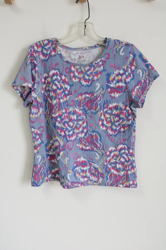 JJill Short Sleeve Fitted Tee Blue Patterned Top L JJill Rings