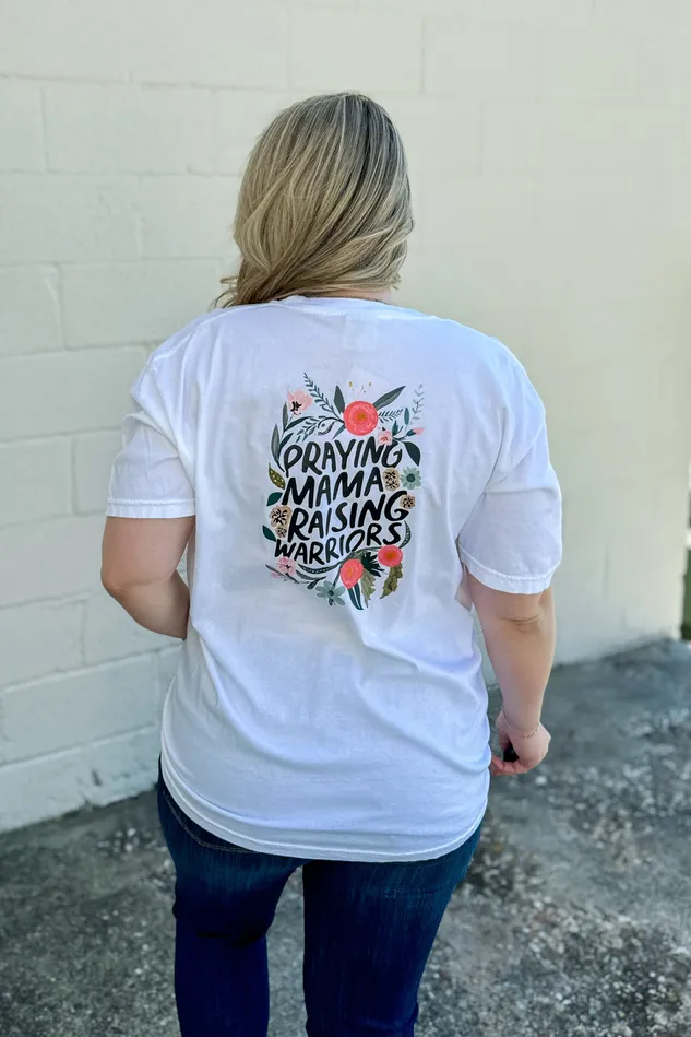 JL Franklins Rings Praying Mama Raising Warriors Graphic Tee White