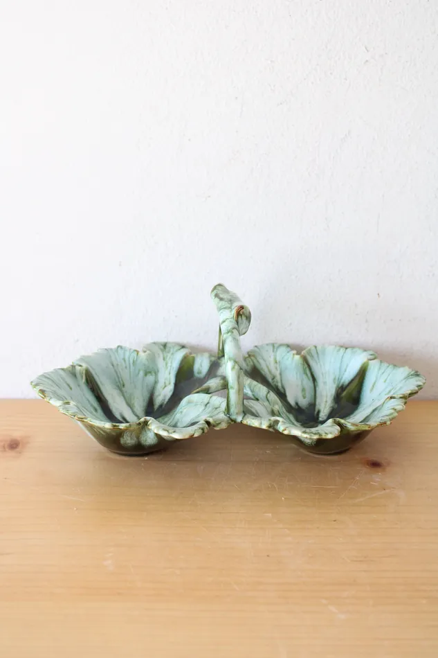 Jubilee Thrift Earrings Green Leaf Ceramic Divided Small Serving Dish W Handle