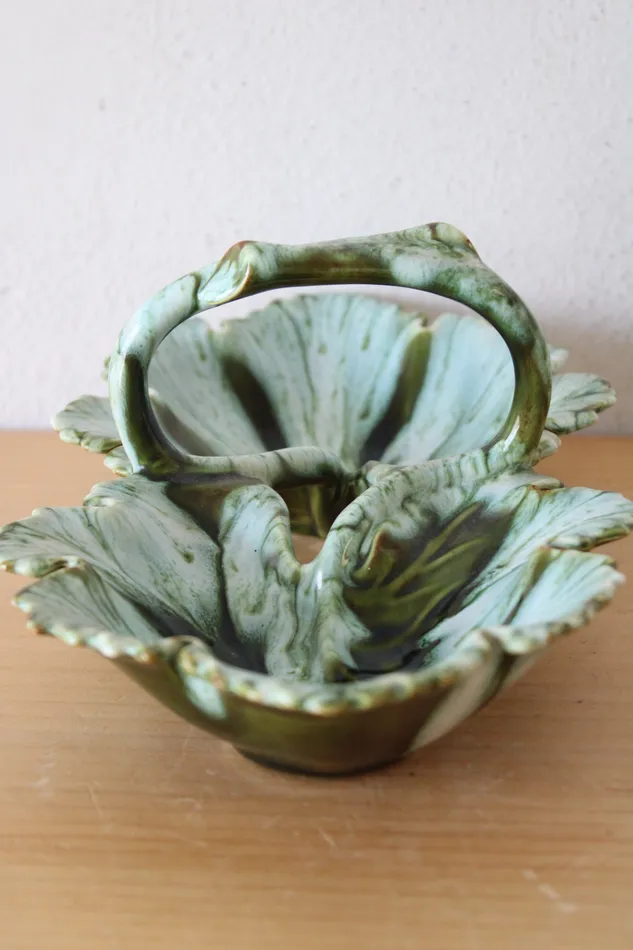 Jubilee Thrift Earrings Green Leaf Ceramic Divided Small Serving Dish W Handle