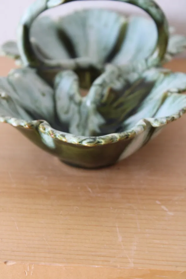 Jubilee Thrift Earrings Green Leaf Ceramic Divided Small Serving Dish W Handle