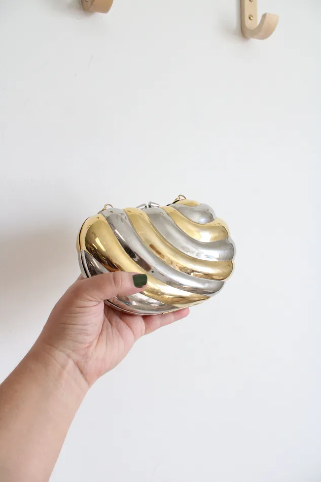 Jubilee Thrift Earrings Vintage Gold Silver Hardshell Metal Clam Gold Chain Bag